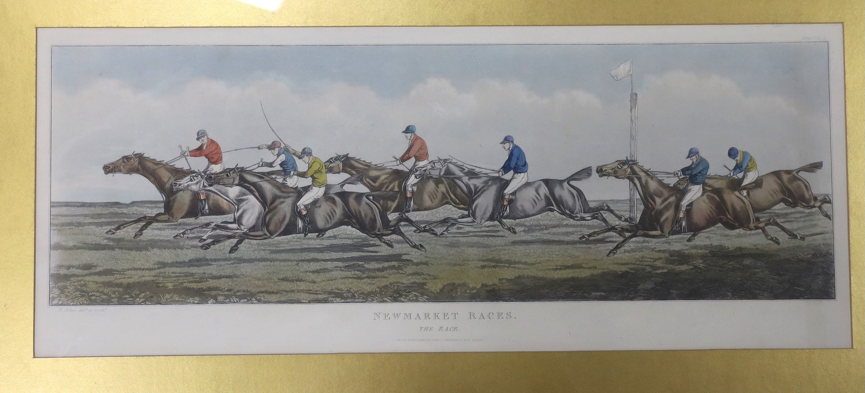 After Henry Alken, pair of coloured engravings, Newmarket Race's, 'The Gallop' and 'The Race', overall 29 x 73cm